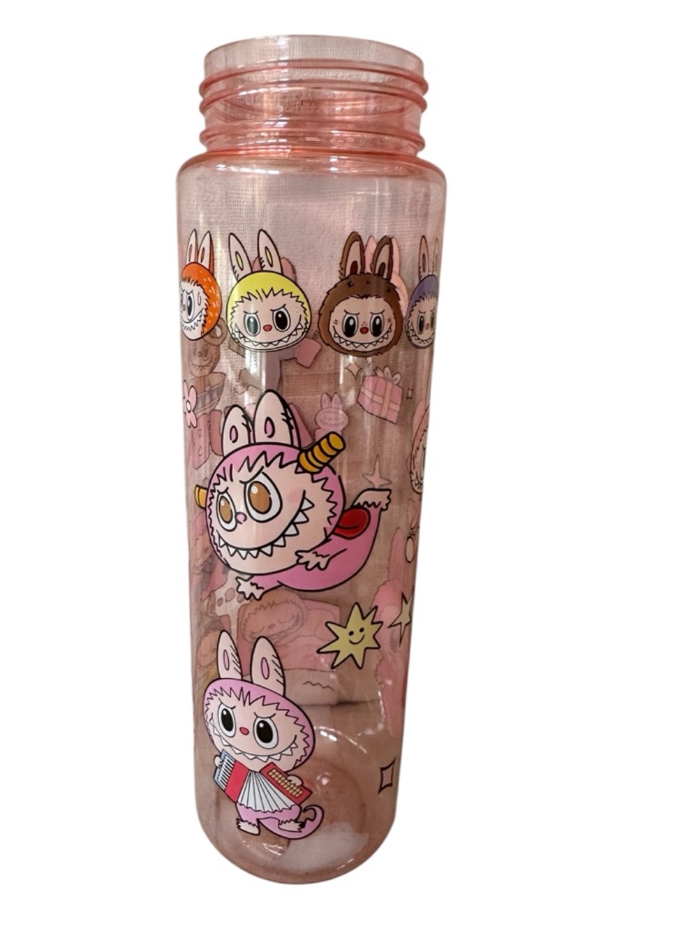 New Labubu Clear Pink Plastic 8” Water Bottle w/ Separate Straw/Strap 28oz 820ml - Picture 4 of 6
